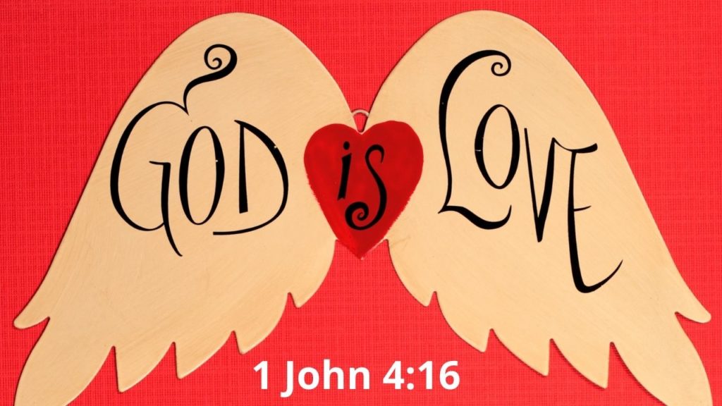 The words from 1 John 4:16 'God is love' written on angel wings.